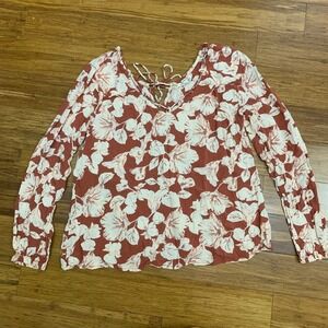 Billabong Winding Roads Top‎ Womens Small Floral Blouse Long Sleeve Tie Neck